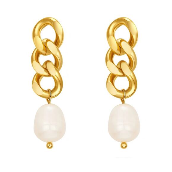 Baroque Freshwater Pearl Drop 18K Gold Earrings Stainless Steel